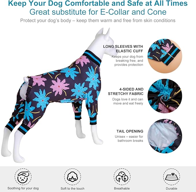 LovinPet Dog Recovery Bodysuit for Medium Dogs Girl, Lightweight Stretchy Fabric, Black, Turquoise Leaf Print, XL Surgery Recovery PJs, Easy to Wear Adorable Bodysuit