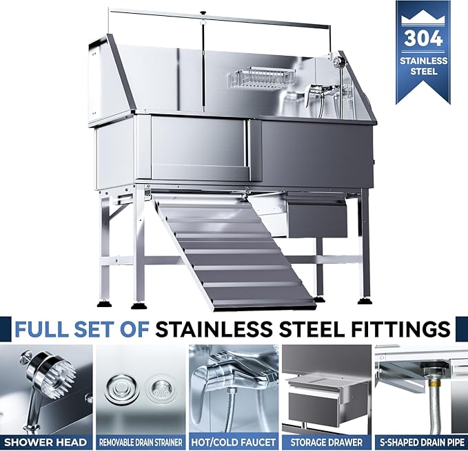Dog Washing Station for Home,46" Stainless Steel Dog Bathing Station Height Adjustable Dog Washing Station for Home Dog Grooming Tub Ramp, Drawer, Floor Grate & Fauct