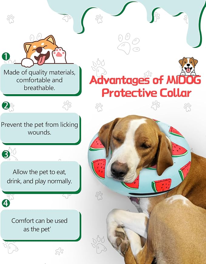 MIDOG Inflatable Dog Cone Alternative for After Surgery - Soft Protective Donut Collar Prevents Licking, Comfortable Recovery E-Collar Alternative for Small Medium Large Dogs (Watermelon,M)