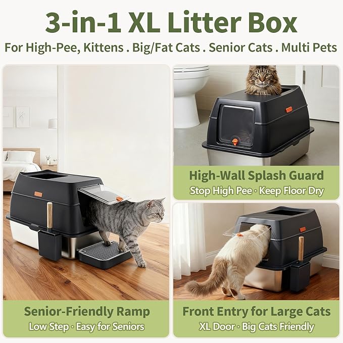 Gimars XL 3-in-1 (Enclosed/Semi-Enclosed/Open) Dual Top/Front Entry Stainless Steel Litter Box with Lid, 16" High Walls, Leak-Proof, Odor Control, Dog-Proof — for Kittens, Big Cats & Multi-Cat Homes