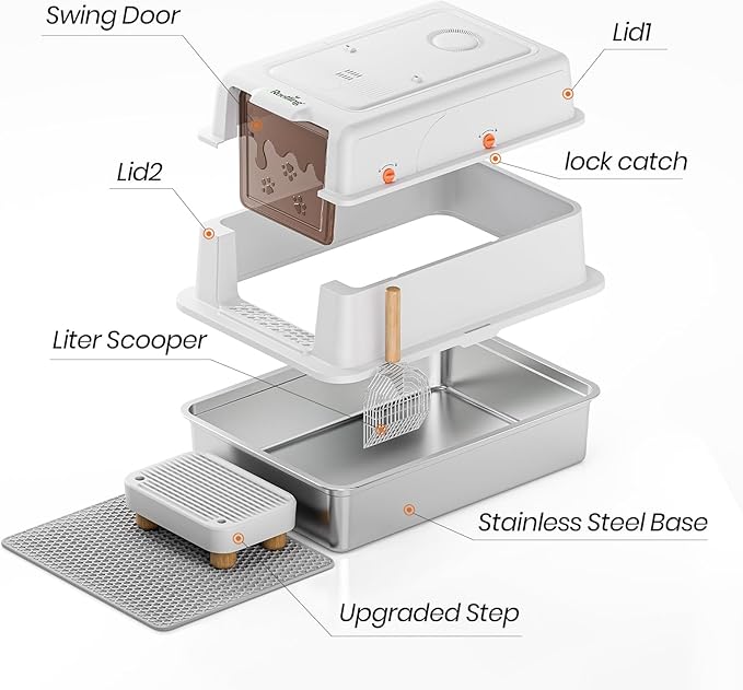 Stainless Steel Litter Box with Lid, 28" Extra Large Cat Litter Pan, Enclosed Metal Litter Box with Litter Scoop & Filter Pedal, Anti-Leakage, Odor Free, Non-Sticky, Anti-Leakage, Easy Cleaning