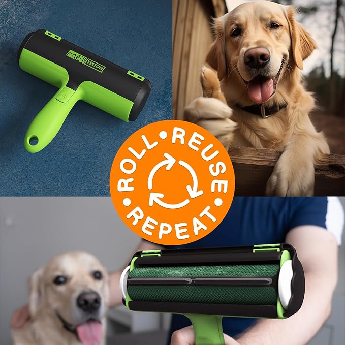Triton Pet Hair Remover w/Fur Trapping Compartment - Easy to Use Pet Hair Removal Tool - Detachable Handle Cat & Dog Hair Remover for Car, Furniture, Clothes, Couch - Reusable Lint Roller (Green)