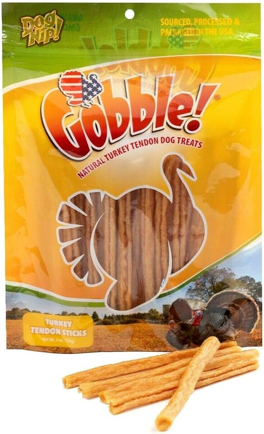 Gobble! 6-Inch Turkey Tendon Sticks for Dogs, Made in USA, 6 oz. (170g) Reseal Value Bags, All-Natural Hypoallergenic Dog Chew Treat |Sourced, Processed & Packaged in The USA | (22-25 Pieces)