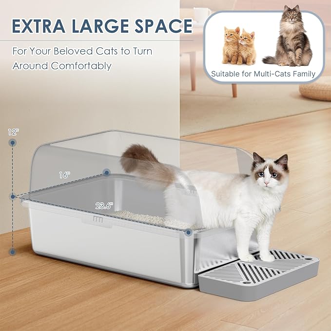 2 Pack XL Stainless Steel Litter Box Enclosure with Lid, Stainless Steel Cat Litter Pan for Big Cats, Large Metal Litter Box with Anti-Leakage High Wall, Non-Sticky Easy Cleaning Cat Litter Tray