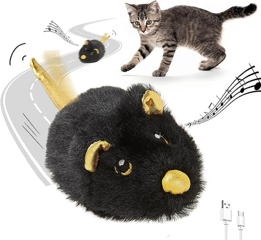Cat Toys Squeaky Rechargeable Moving Mouse with Dynamic Magic Tail, Automatic Self Play Cat Toy for Indoor Kittens (Black)
