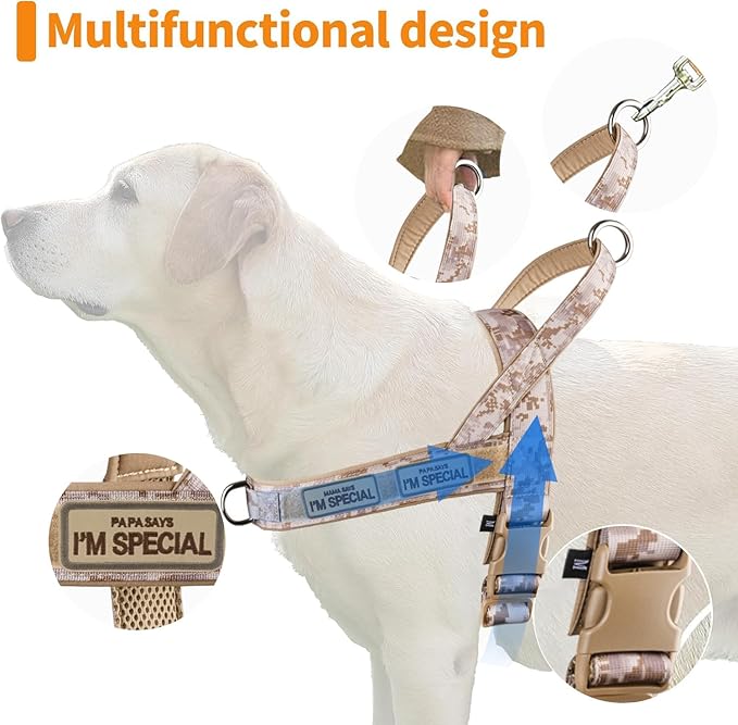No Pull Dog Harness for Medium Large Dogs, Escape Proof Adjustable Dog Harness Brown Camo, M