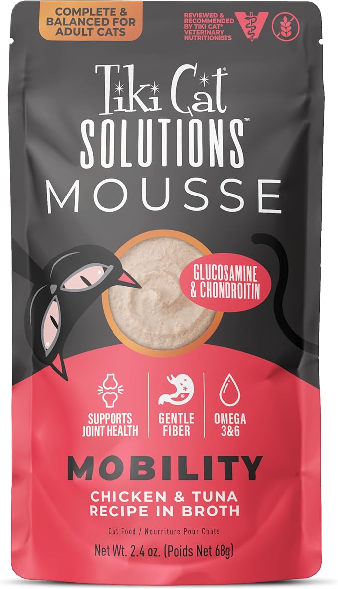 Tiki Cat Solutions Mobility Mousse, Chicken & Tuna Recipe in Broth, Formulated to Support Healthy Joints, Functional Wet Cat Food, 2.4 oz. Pouch (12 Count)