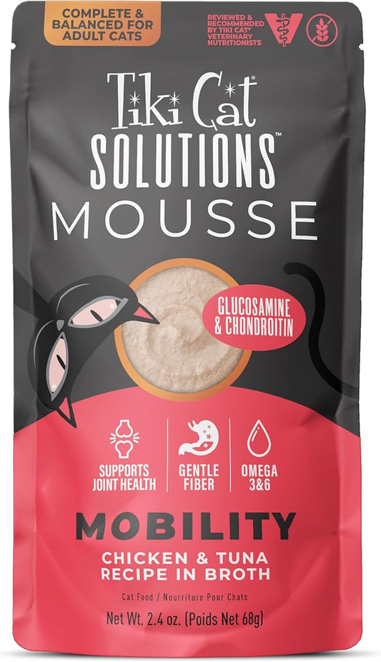 Tiki Cat Solutions Mobility Mousse, Chicken & Tuna Recipe in Broth, Formulated to Support Healthy Joints, Functional Wet Cat Food, 2.4 oz. Pouch (12 Count)