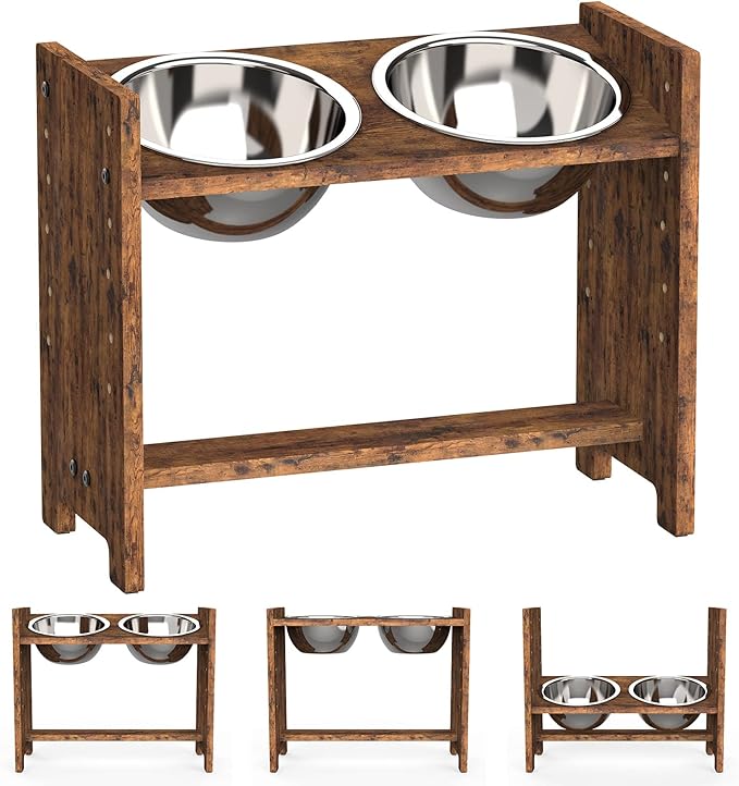 Vantic Elevated Dog Bowls, Adjustable Raised Dog Bowl Stand for Large and XLarge Pet, Sturdy Particle Board Food Feeder with 2 Stainless Steel Dishes, Rustic Brown