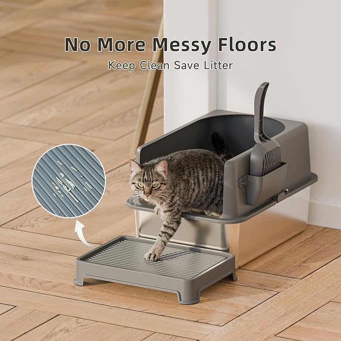 High-Sided Stainless Steel Cat Litter Box,Stainless Steel Litter Box with Lid,Medium Litter Box,Easy-to-Clean Metal Litter Pan for Cats (19‘’L X 14''W X 6''H with Scoop&mat), Sliver