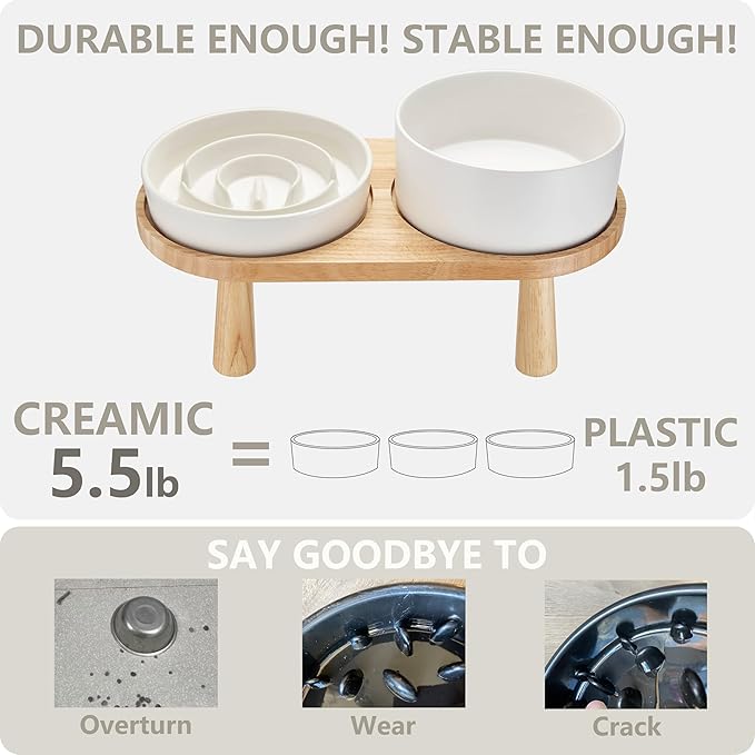 Ceramic Slow Feeder and Water Bowl Set for Small Dogs, Ceramic Dog Bowls Elevated with Wooden Stand, 0.6 Cups Dog Slow Feeder(14oz) and 30oz Water Bowl Set, White