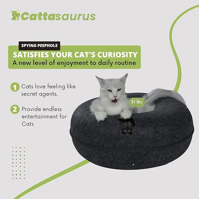 Cattasaurus Peekaboo Cat Cave, Extra Spacious for Multiple & Large Cats 12+ lbs, Scratch Detachable Beds for Indoor Cats, Washable Tunnel Bed, Comfy Cat Donut Tunnel (Light Gray+Dark Gray, Jumbo)