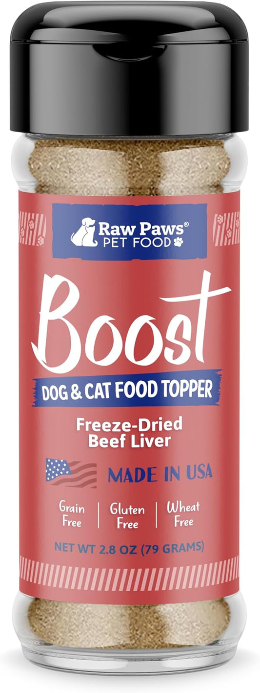 Raw Paws Boost Pet Food Topper Freeze-Dried Beef Liver, 2.8-oz, Made in USA, Dog Food Toppers for Picky Eaters, Cat Gravy Dog Gravy Topper for Dry Food, Beef Liver Sprinkles for Dogs, Cat Food Toppers