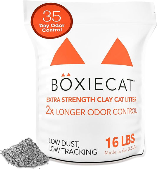 Boxie® Extra Strength 35 Day Odor Control Clumping Clay Cat & Kitty Litter 16lb, 99.9% Dust-Free, Probiotic Formula, Long-Lasting, Veterinarian Approved, Easy Scooping for Multi-Cat Homes