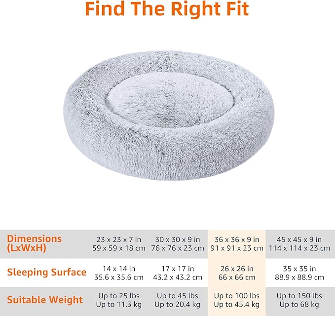 Amazon Basics Donut Pet Bolster Faux Fur Bed for Dog, Grey, 36" x 36"