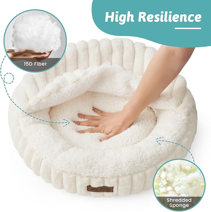 Dog Bed with Hooded Blanket, Round Fluffy Anti-Anxiety Pet Bed for Medium Dogs & Large Dogs, Cozy Donut Cuddler with Machine Washable Faux Fur & Anti-Slip Bottom(35"×35"×7",Cream)