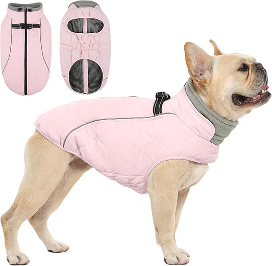 QBLEEV Dog Coat for Medium Dogs, Waterproof Dog Winter Coat with Built-in Harness and D-Ring, Zip Up Pet Cold Weather Coats with Fleece Lined, Warm Snowsuit Gear Vest for Pug Boston Terrier, Pink, M