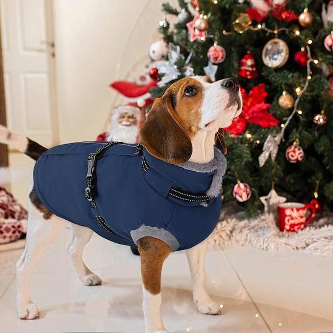 AOFITEE Dog Coat, Warm Dog Winter Coat with Harness Built in, Waterproof Pet Snow Jacket with Zipper on Back, Fleece Pet Sweater Outdoor Puffer Jacket Snowsuit for Extra Large Dogs, Blue XXL