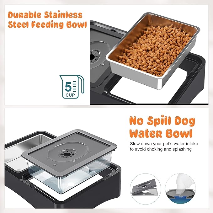 Decflow 2-in-1 Elevated Dog Bowls, 4 Height Adjustable Raised Dog Bowls with Stainless Steel & No Spill Water Bowl, DIY Stickers Foldable Pet Bowl for Medium Large Dogs(Not Included Slow Food Bowl)