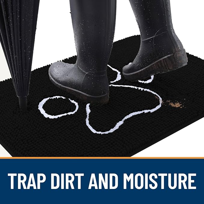 OLANLY Dog Door Mat for Muddy Paws 24x16, Paw Print Design, Absorbs Moisture and Dirt, Absorbent Non-Slip Washable Doormat, Quick Dry Chenille Mud Mat for Dogs, Entry Indoor Entryway Carpet, Black