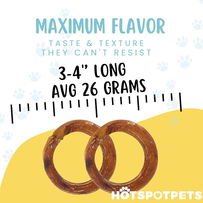 hotspot pets Bully Stick Rings for Dogs - Premium All Natural Long Twisted Beef Pizzle Dog Chew Treats - Grain Free Fully Digestible Rawhide Alternative 50 Count
