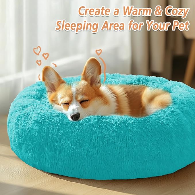 JOLLYVOGUE Calming Dog & Cat Bed for Small Dogs, Anti-Anxiety Donut Cuddler Cozy Soft Round Bed with Anti-Slip Bottom, Fluffy Faux Fur Plush Cushion Beds for Small Medium Dogs (27")