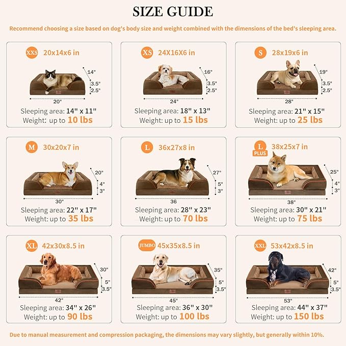 Comfort Expression Orthopedic Dog Bed for Extra Large Dogs 53x42 Inch, Waterproof Supportive Egg Crate Foam XXL Pet Bed with Removable Bolsters, Dog Couch with Washable Cover & Non-Slip Bottom, Brown