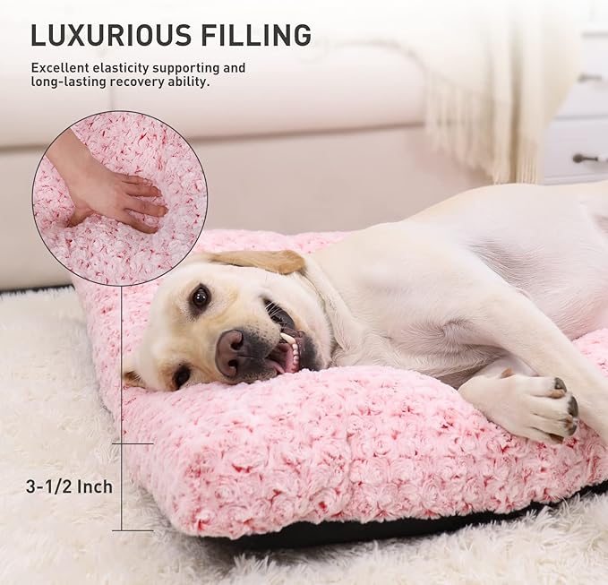 KSIIA Washable Dog Bed Deluxe Plush Dog Crate Beds Comfy Kennel Pad Anti-Slip Pet Sleeping Mat for Large, Jumbo, Medium, Small Dogs Breeds, 35" x 23", Pink