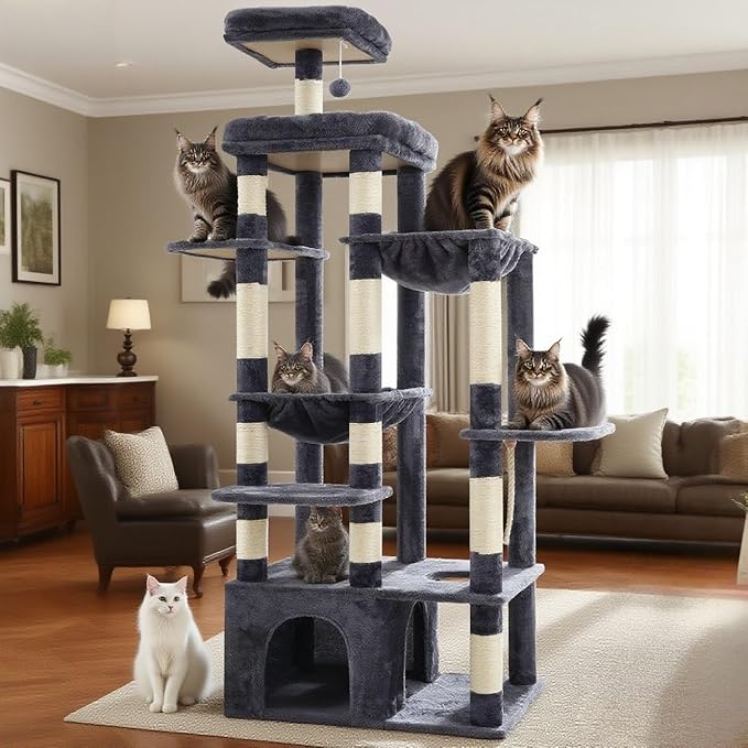 Heybly Cat Tree, 71-Inch Tall Cat Tower for Large Maine Coon Cats with Extra-Large Baseboard, Cat Condo Furniture with Multi-Level Platforms, 2 Hammocks and 12 Scratching Posts, Smoky Gray HCT037G
