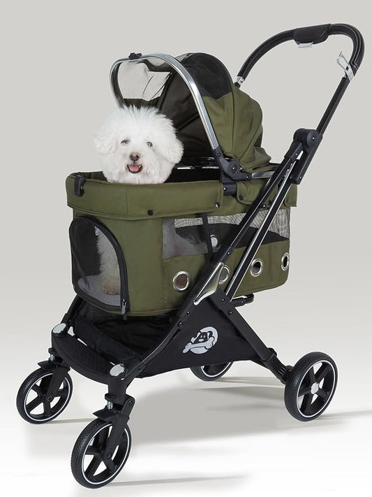 JK Pawadore 4 Wheels Pet Stroller Best Lightweight Foldable Portable Secure Easy Lock NO-Zip 180 ̊ Canopy Sun Shades Waterproof for Small/Medium Dogs 33lbs with Large Storage Basket (Army Green)