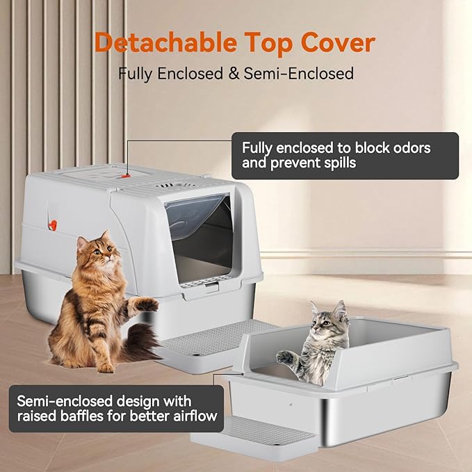 Enclosed Stainless Steel Cat Litter Box with Lid, Front & Top Flap, 180° Flip-top Design, Extra Large Metal Cat Litter Box with Scoop & Filter Pedal,Odor-Resistant (Light Gray)