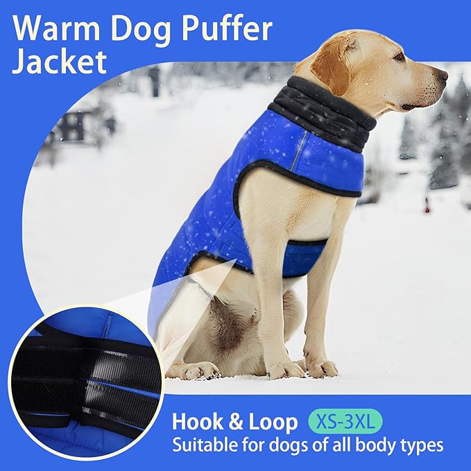 MIGOHI Lightweight Dog Puffer Jacket - Dog Winter Coat with Reflective Strips, Padded Vest with Harness Hole, Warm Snow Jacket Cold Weather, Easy On Hook & Loop Belly for Large Dogs, Blue, 2XL