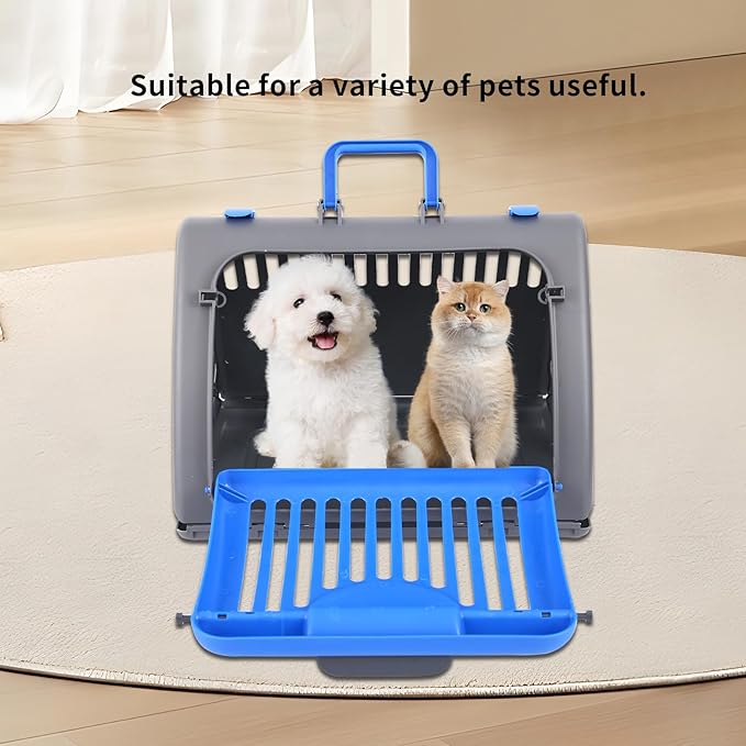 Foldable Travel Cat Carrier, Small Cat Carrier Hard Up to 25lbs, 18" Lx14.5 Wx14 H Front Open Type Plastic Cat Carriers, Blue