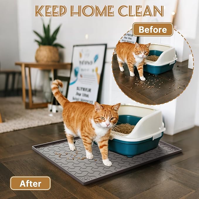 Cat Litter Mat for Litter Boxes - BPA-Free, Fits Most Sizes, Effective Litter Trapping, Easy to Clean, Waterproof, Non-Slip, 34" X 22", Gray