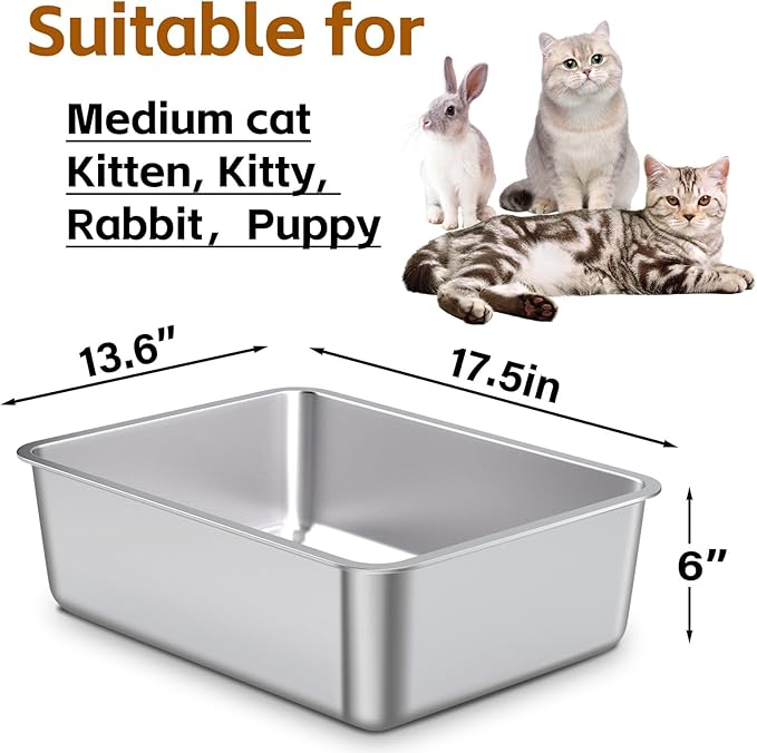 Stainless Steel Cat Litter Box, Metal Litter Box, Cat Litterbox for Kitten, Kitty, Rabbit, 6" High Side Cats Litter Boxes, Large Stainless Steel LitterBox, No Smell, Non Stick, Easy to Clean