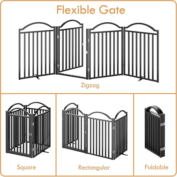 UDD Dog Gate Indoor 96" Extra Wide, 32" Tall Foldable Pet Gate with Door for Stairs Doorways Hallways Porch, Freestanding No Drilling Metal Pet Fence for Dogs Puppy, Black 4-Panel