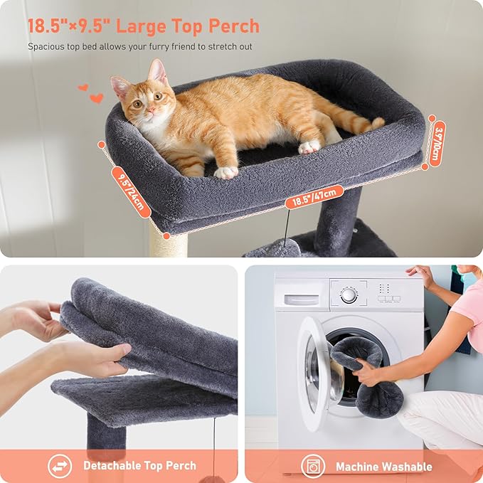 Cat Tree for Indoor Cats, 2 Cozy Condos with Spacious Top Perch, 56.3-Inch Multi-Level Cat Tower with Scratching Posts, 2 Caves, Plush Hammock and Climbing Ramp, Dark Grey