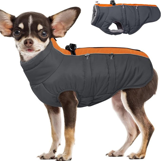 Small Dog Coat - Winter Jacket, Warm Zip Up Snowsuit, Reflective, Water-Resistant, Orange-Gray for Small Dogs, Yorkie, Toy Poodle