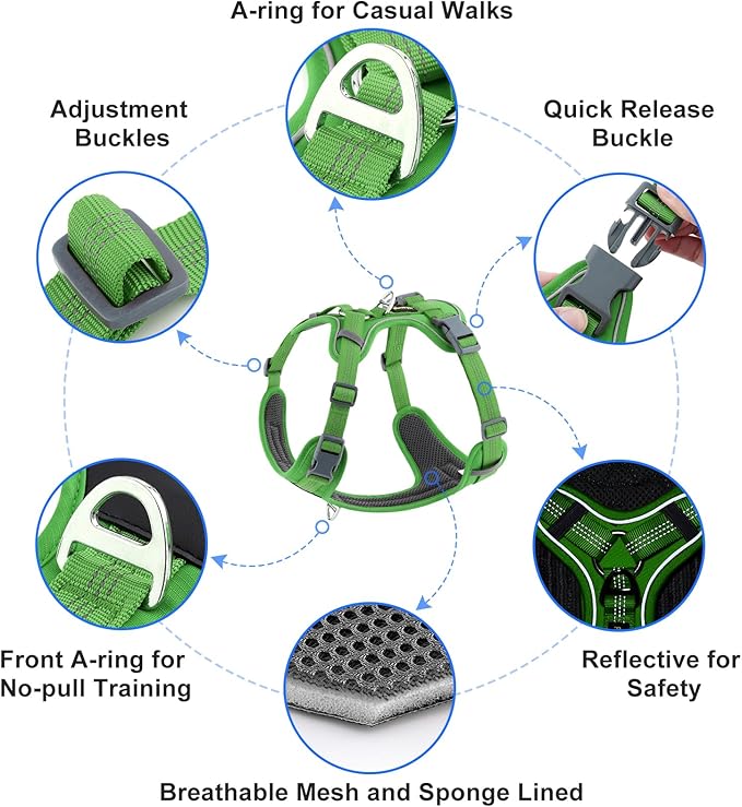 Plutus Pet No Pull Dog Harness, Release at Neck, Soft Padded, Reflective Adjustable Dog Vest Harness for Small, Medium, Large Dogs(Green, XL)
