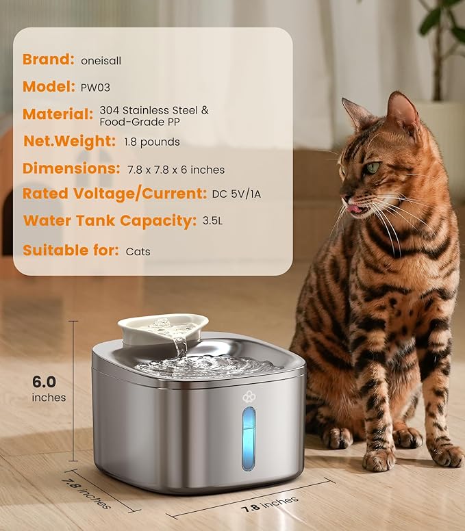 oneisall Cat Water Fountain, 3.5L/118oz Battery Operated Pet Fountain Stainless Steel, Automatic Water Fountains for Cats Indoor, Rechargeable (Hale 3.5L Black Color)
