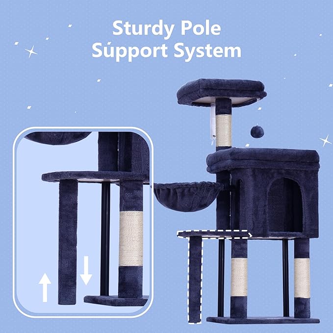 Hey-brother Cat Tree Tower, Scratching Posts with Cozy Condo, Padded Bed, Hammock, Plush Perch, Sisal Post and Ball for Indoor Kittens, 44.9 Inches, Smoky Gray MPJ009SG