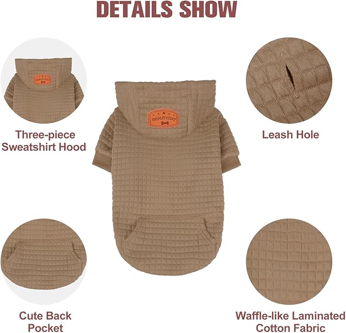BEAUTYZOO Small Dog Hoodie Sweater with Pockets, Dog Clothes for Small Medium Dogs Boy Girl, Waffle-Like Laminated Cotton Pet Coats with Hat and Leash Hole, Khaki ML