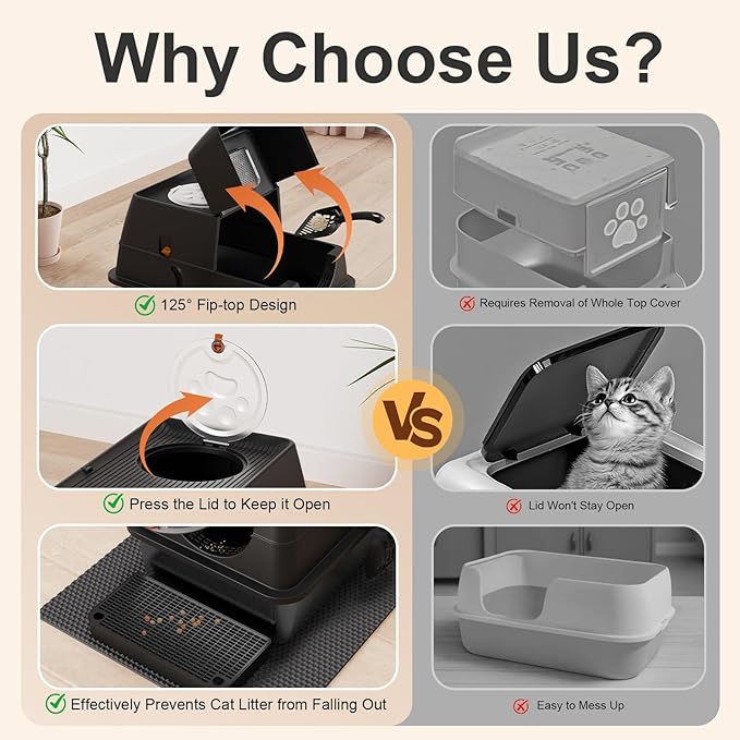 Stainless Steel Litter Box with Lid, XL Extra Large Litter Box, Enclosed Top Entry Metal Litterbox for Big Cat, Easy Cleaning, Anti-Leakage & High Sided with Mat, Aisle & Scoop Black