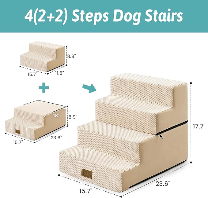 Dog Stairs for Small Dogs, 4 Tier Removable Pet Stairs for Couch and Bed, 17.7" H Dog Steps for Old Cats, Puppy, Small Dogs, 15.7x23.6x17.7 inch, Beige