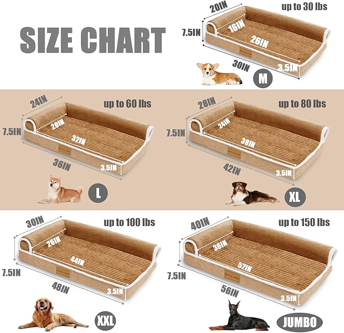 Patas Lague Orthopedic XL Dog Bed Large Sized Dog 42''X28'', Waterproof Comfortable L Bolster Big Large Non-Slip Soft Warm Pet Crate Bed Sleep Sofa mat with Removable Washable Cover, Brown