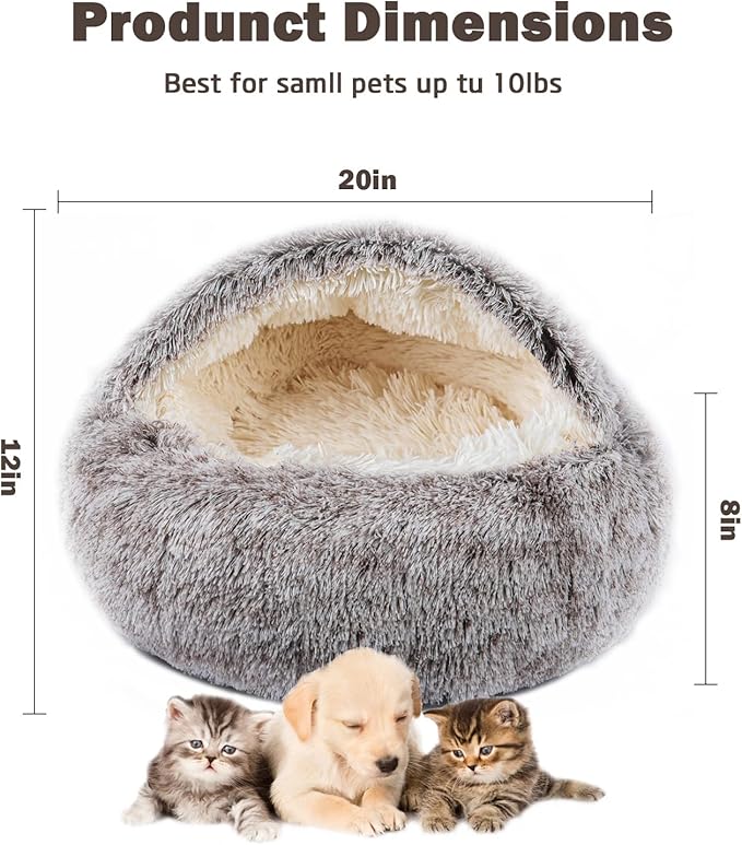 Cat Bed for Indoor Cats, Calming Cozy Cave with Self-Warming Plush, Entire Bed Machine Washable & Anti-Slip Base, Breathable Pet Bed for Small Cats&Dogs All Seasons (Khaki, 20 * 20inch)