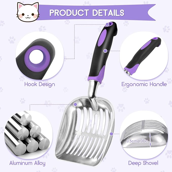 Cat Litter Scoop, Metal Cat Scooper, Rubber Handle Scoop, Sifting Shovel – Heavy Duty Aluminum Alloy Litter Box Scoop with Deep Mesh, Design for Easy Waste Removal and Cleaning(Purple)