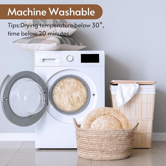 JOLLYVOGUE Calming Dog & Cat Bed for Large Dogs, Anti-Anxiety Donut Cuddler Cozy Soft Round Bed with Anti-Slip Bottom, Fluffy Faux Fur Plush Cushion Beds for Medium Dogs (36")