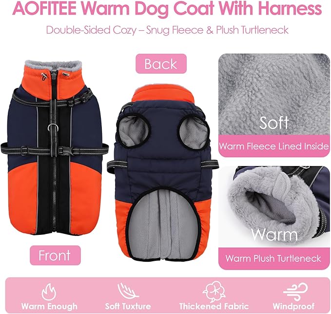 AOFITEE Dog Coat, Warm Dog Jacket with Harness Built-in, Waterproof Medium Dogs Cold Weather Coat with Zipper, Reflective Fleece Lined Pet Snow Jackets for Pug, Jack Russell, Boston Terrier, Blue M