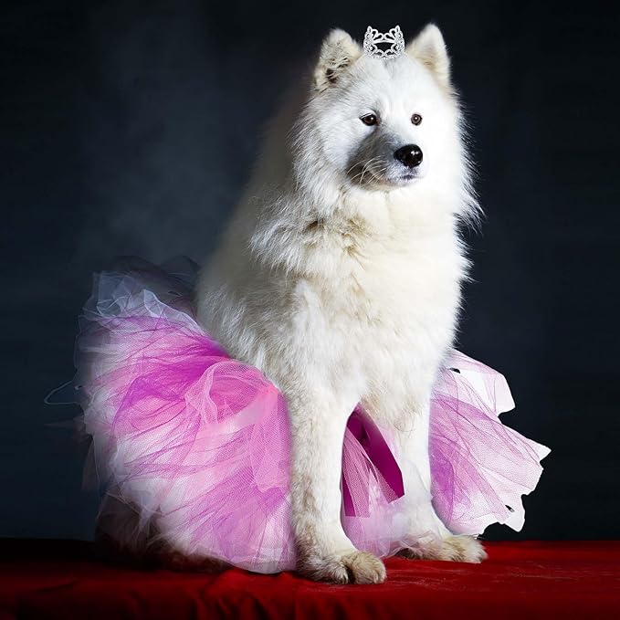 2 Pcs Dog Crown Headband Dog Tutu Dress Set Crystal Rhinestone Tiara Crown Tutu Skirt Pet Dress Costume for Puppy Birthday Party Wedding Photo Prop Costume(X-Large,Pink Purple)